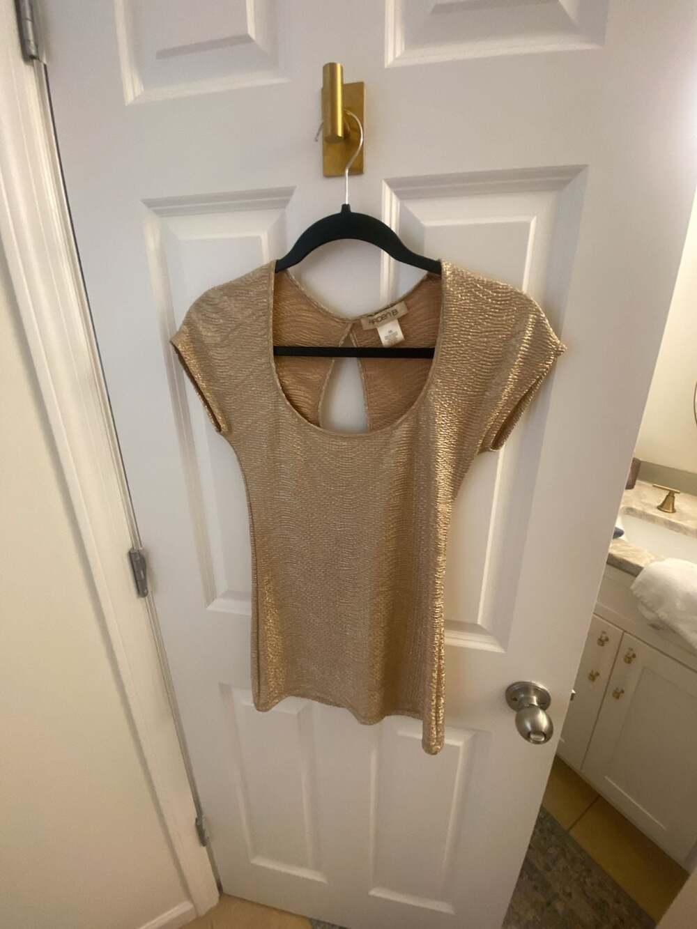Arden B Gold Metallic Scoop Back Short Sleeve Top